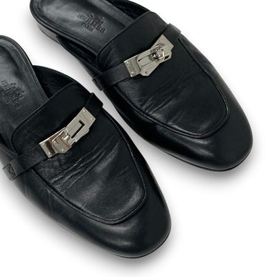 エルメス HERMES オズ フラットシューズ 靴 シューズ レザー ブラック 黒 シルバー ケリー金具 ミュール