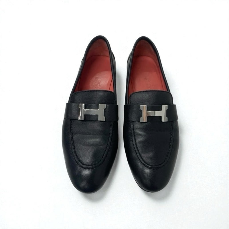 【美品】エルメス ローファー ブラック ヒール レザー 黒 革靴 金具 H 美品✨ エルメス ローファー Hロゴ 革靴 コンスタンス シュー