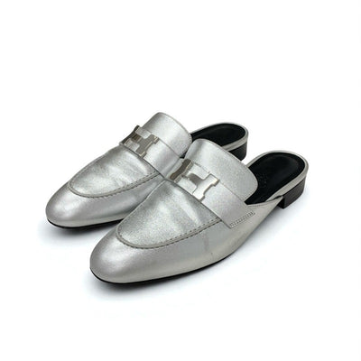 エルメス HERMES トロカデロ フラットシューズ 靴 シューズ レザー シルバー ミュール H金具