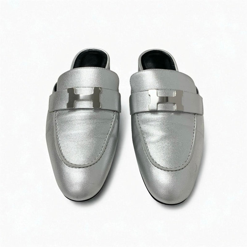 エルメス HERMES トロカデロ フラットシューズ 靴 シューズ レザー シルバー ミュール H金具