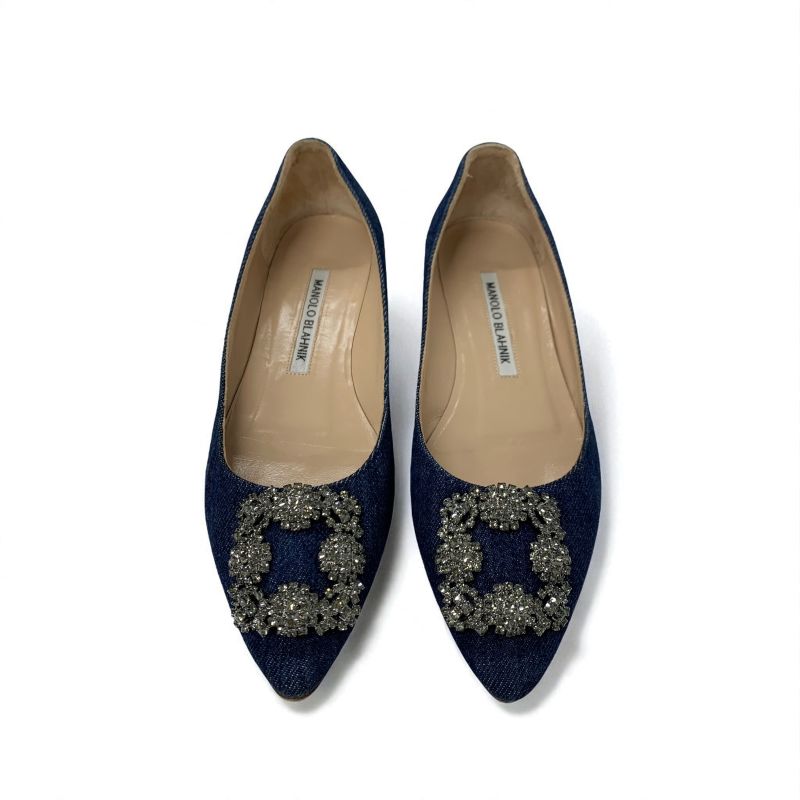 マノロブラニク MANOLO BLAHNIK ハンギシ フラットシューズ 靴 シューズ デニム ブルー フラットパンプス ビジュー