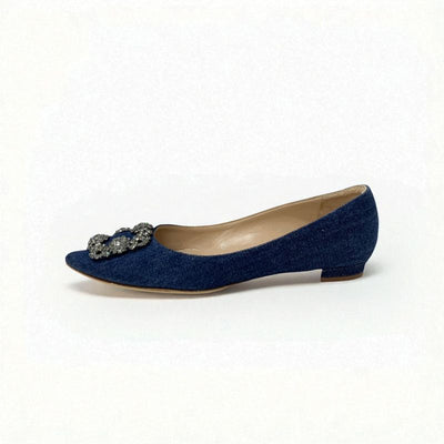 マノロブラニク MANOLO BLAHNIK ハンギシ フラットシューズ 靴 シューズ デニム ブルー フラットパンプス ビジュー
