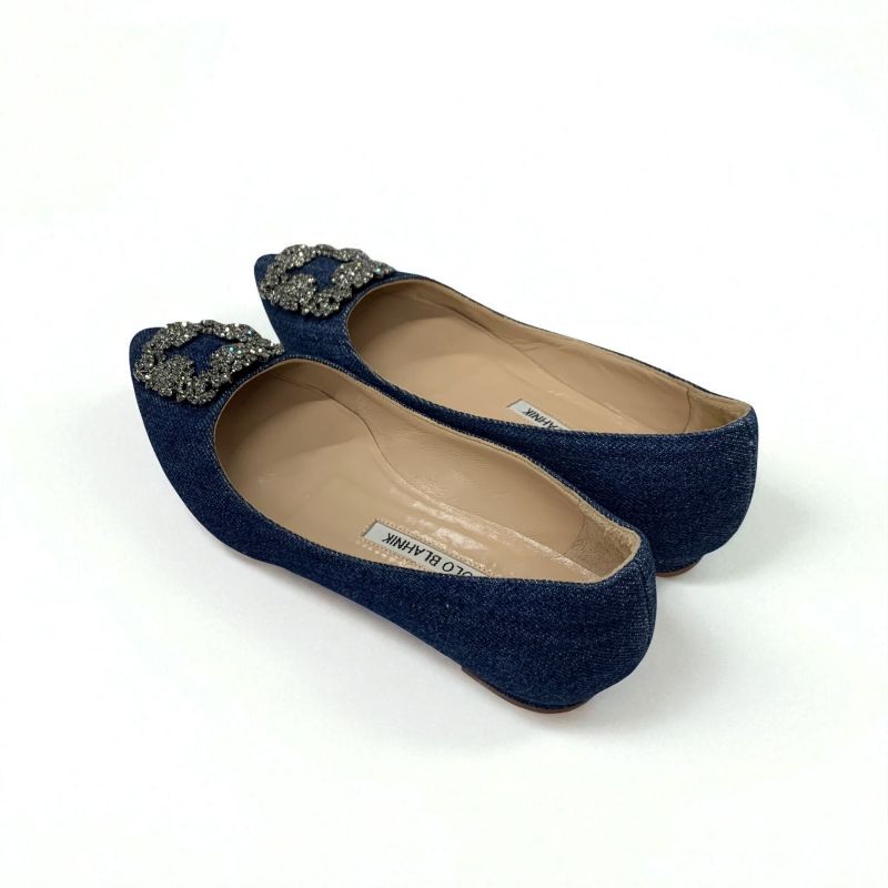 マノロブラニク MANOLO BLAHNIK ハンギシ フラットシューズ 靴 シューズ デニム ブルー フラットパンプス ビジュー
