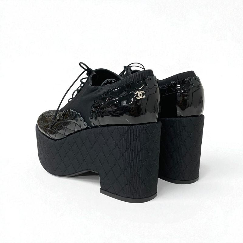 シャネル CHANEL ローファー 革靴 靴 シューズ パテント ファブリック ブラック 黒 ココマーク レースアップシューズ 厚底