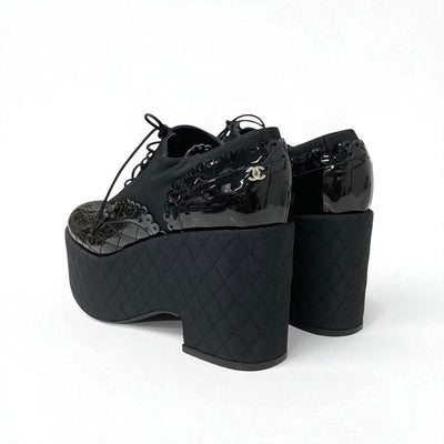 シャネル CHANEL ローファー 革靴 靴 シューズ パテント ファブリック ブラック 黒 ココマーク レースアップシューズ 厚底