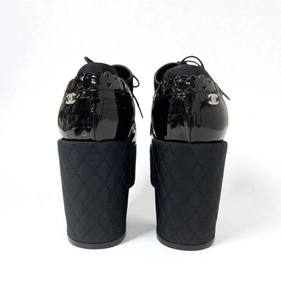 シャネル CHANEL ローファー 革靴 靴 シューズ パテント ファブリック ブラック 黒 ココマーク レースアップシューズ 厚底