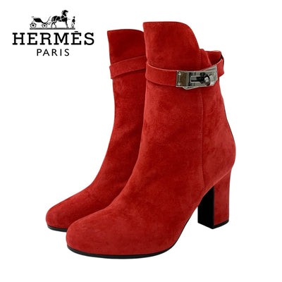 Hermes Jews Boots Short Boots Shoes Suede Red Silver Kelly Hardware