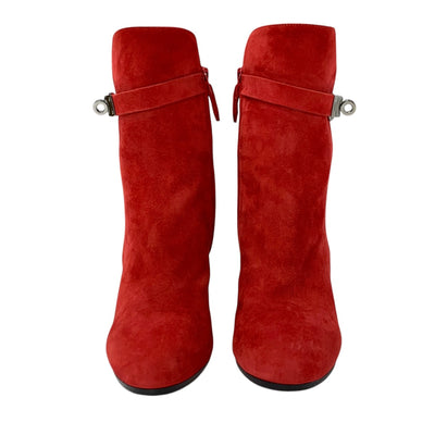 Hermes Jews Boots Short Boots Shoes Suede Red Silver Kelly Hardware