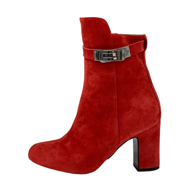 Hermes Jews Boots Short Boots Shoes Suede Red Silver Kelly Hardware