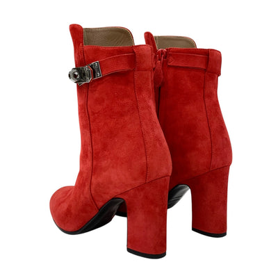 Hermes Jews Boots Short Boots Shoes Suede Red Silver Kelly Hardware