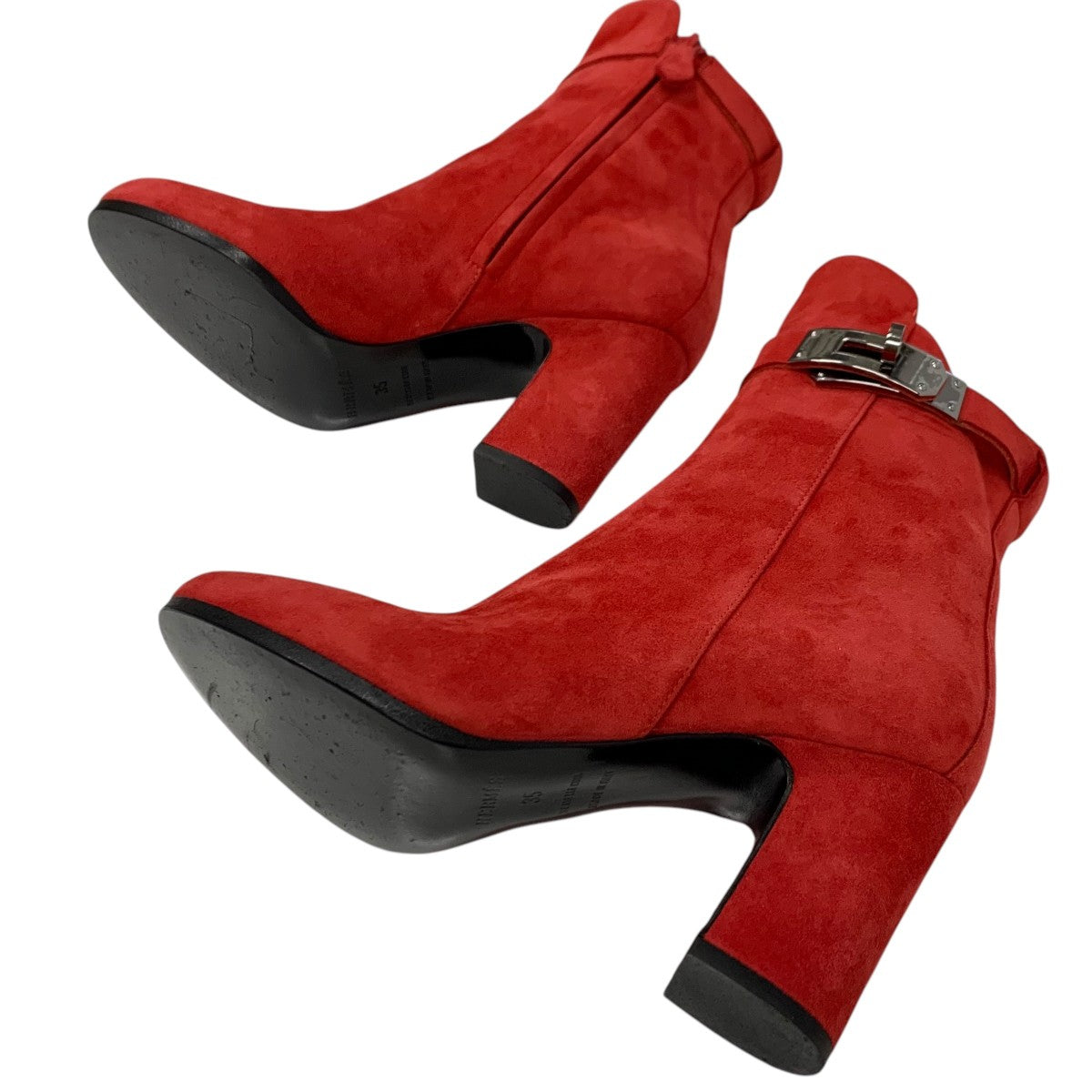 Hermes Jews Boots Short Boots Shoes Suede Red Silver Kelly Hardware