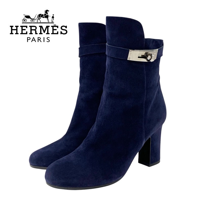 Hermes Jews Boots Short Boots Shoes Suede Navy Silver Kelly Hardware