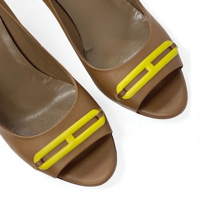 エルメス HERMES パンプス 靴 シューズ レザー ブラウン イエロー シェーヌダンクル ウェッジソール
