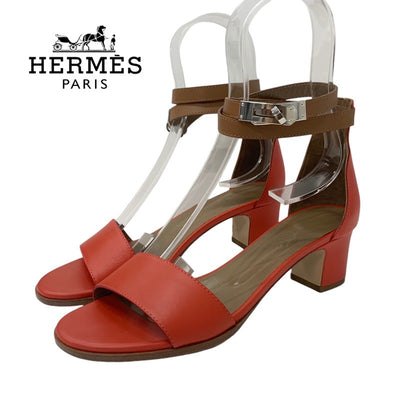 エルメス HERMES マネージュ サンダル 靴 シューズ レザー レッド ブラウン シルバー ケリー金具 ストラップ