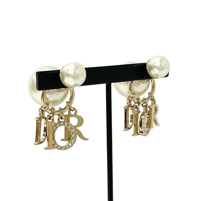 CHRISTIAN DIOR DIOR TRIBALES Earrings Gold Logo Rhinestone