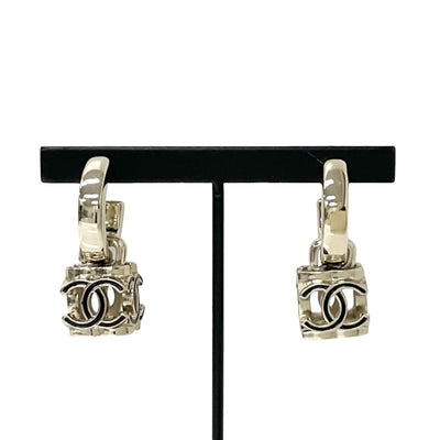 Chanel Earrings Gold Black Coco Mark Cube Hoop