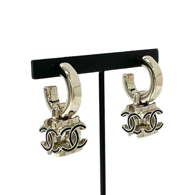 Chanel Earrings Gold Black Coco Mark Cube Hoop