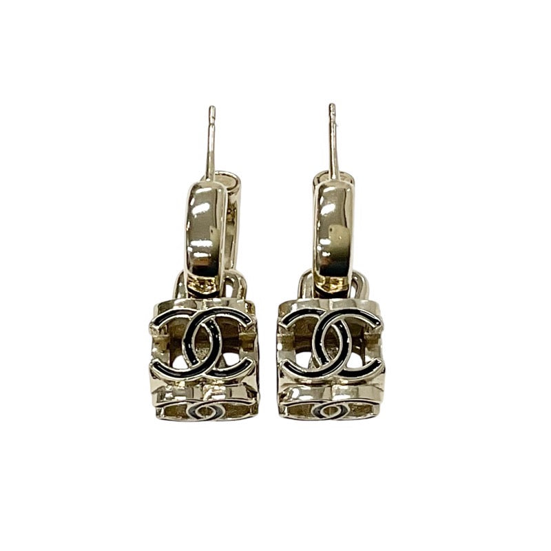 Chanel Earrings Gold Black Coco Mark Cube Hoop