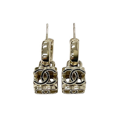 Chanel Earrings Gold Black Coco Mark Cube Hoop