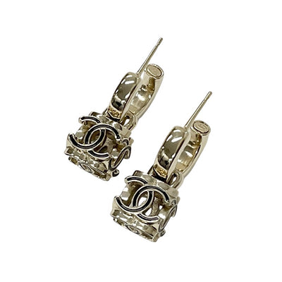 Chanel Earrings Gold Black Coco Mark Cube Hoop