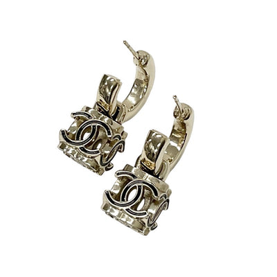 Chanel Earrings Gold Black Coco Mark Cube Hoop