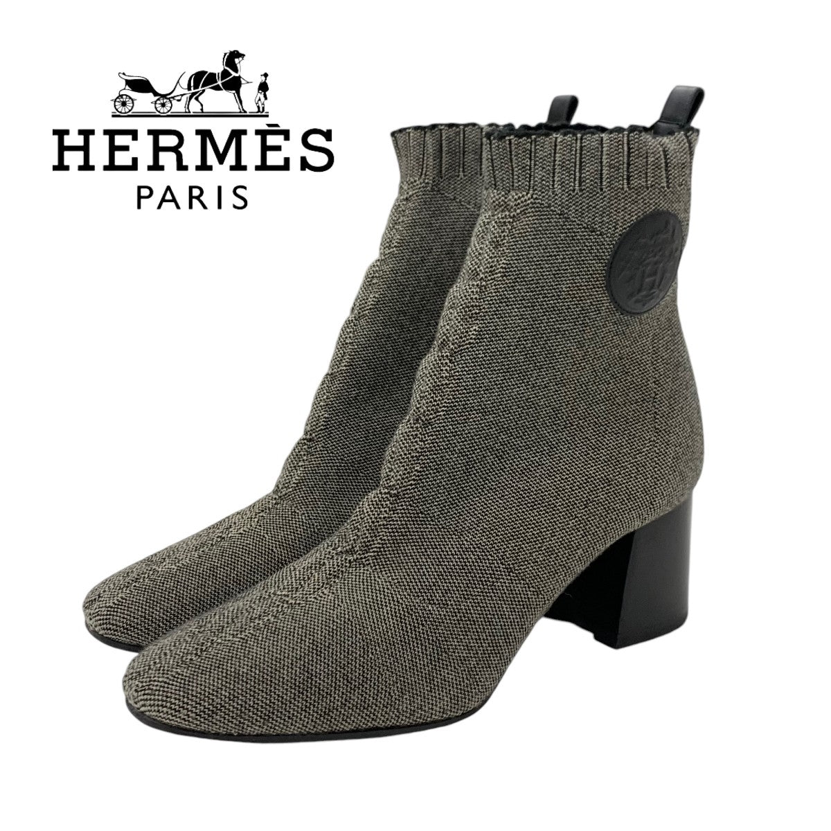 Hermes HERMES Volvelle Boots Short Boots Shoes Fabric Leather Grey Knit Exlibris Socks Boots