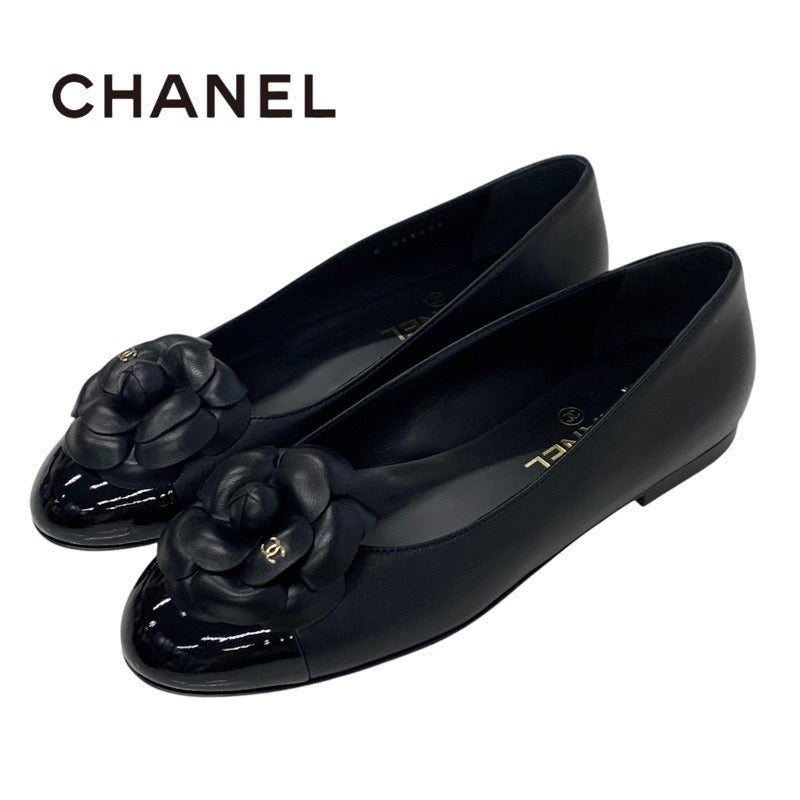 Chanel Flat Shoes, Leather Patent Black Unused Camellia Coco Mark Flat Pumps