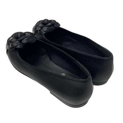 Chanel Flat Shoes, Leather Patent Black Unused Camellia Coco Mark Flat Pumps