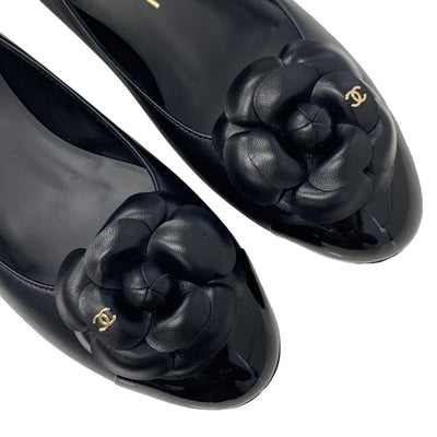 Chanel Flat Shoes, Leather Patent Black Unused Camellia Coco Mark Flat Pumps