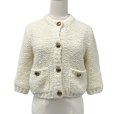 PRADA Tops White Gold Boucre Mohair Cardigan Logo Knit