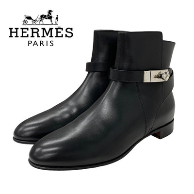 Hermes Neo Boots Short Boots Shoes Leather Black Silver Kelly Metal Fittings