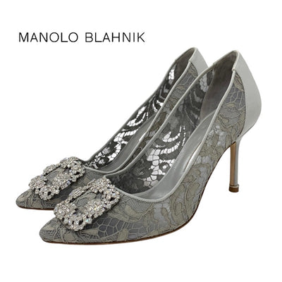 マノロブラニク MANOLO BLAHNIK ハンギシ パンプス 靴 シューズ ファブリック グレー ビジュー レース パーティーシューズ