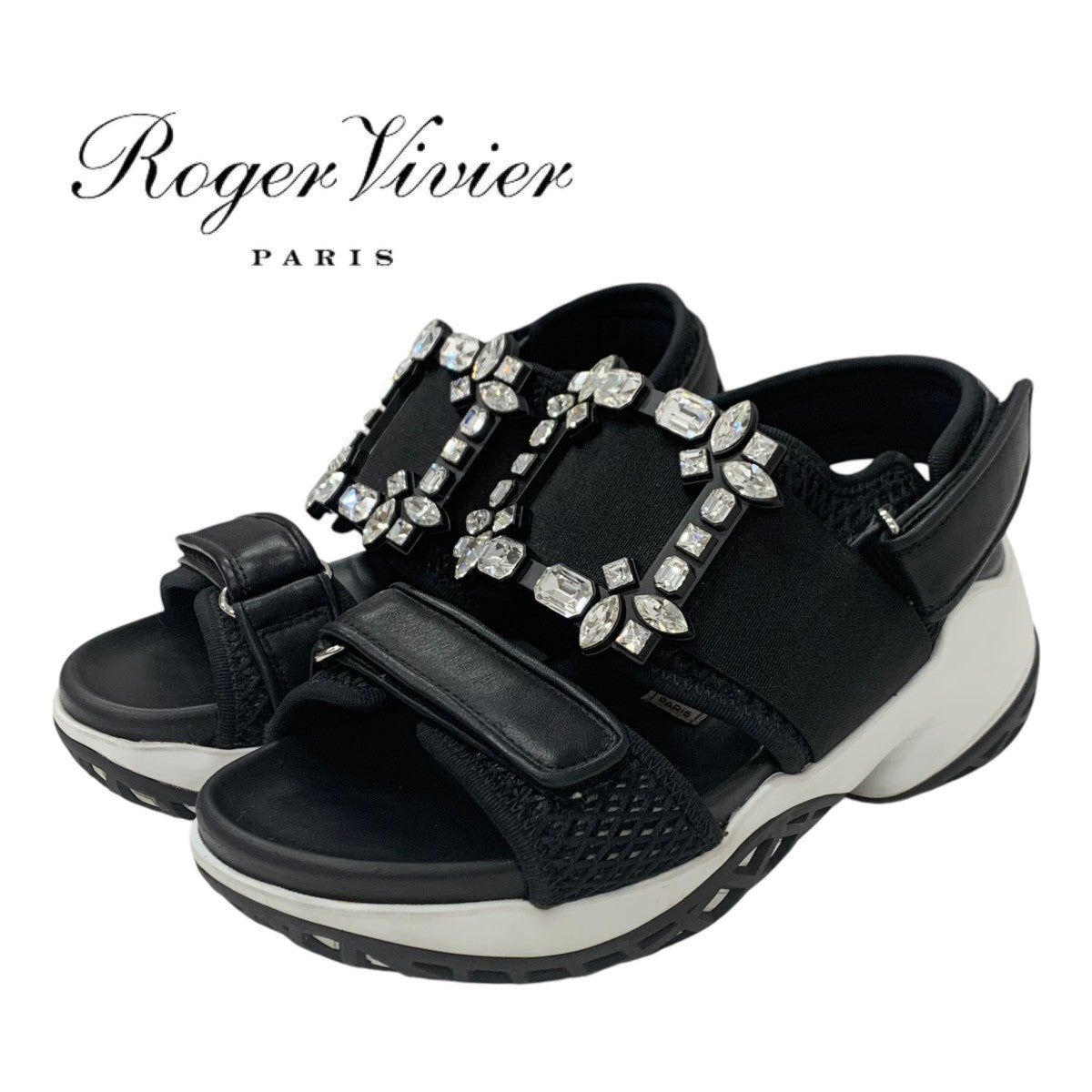 ロジェヴィヴィエ Roger Vivier ヴィヴラン サンダル 靴 シューズ レザー ファブリック ブラック 黒 ストラスバックル ビジュー メッシュ ベルクロ ストラップ