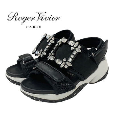 ロジェヴィヴィエ Roger Vivier ヴィヴラン サンダル 靴 シューズ レザー ファブリック ブラック 黒 ストラスバックル ビジュー メッシュ ベルクロ ストラップ