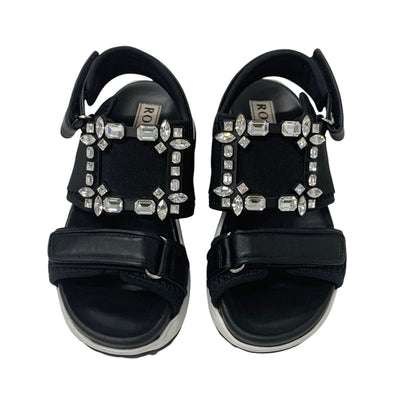ロジェヴィヴィエ Roger Vivier ヴィヴラン サンダル 靴 シューズ レザー ファブリック ブラック 黒 ストラスバックル ビジュー メッシュ ベルクロ ストラップ