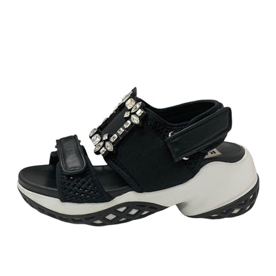 ロジェヴィヴィエ Roger Vivier ヴィヴラン サンダル 靴 シューズ レザー ファブリック ブラック 黒 ストラスバックル ビジュー メッシュ ベルクロ ストラップ