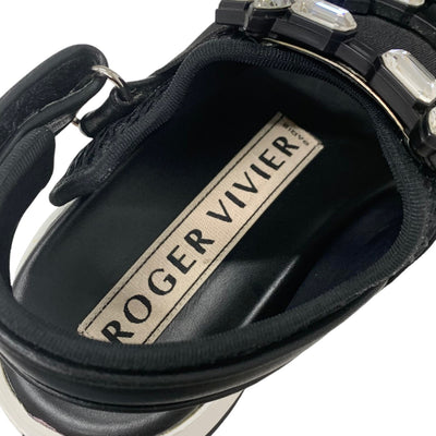 ロジェヴィヴィエ Roger Vivier ヴィヴラン サンダル 靴 シューズ レザー ファブリック ブラック 黒 ストラスバックル ビジュー メッシュ ベルクロ ストラップ