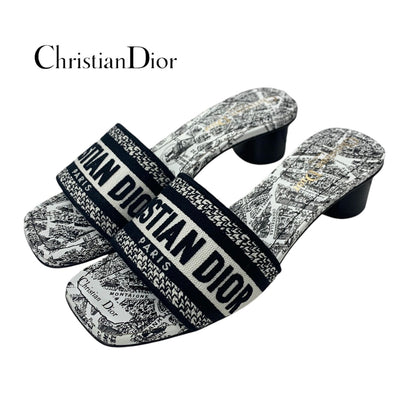 クリスチャンディオール CHRISTIAN DIOR DWAY サンダル 靴 シューズ ファブリック ホワイト ブラック ミュール 刺繍 エンブロイダリー ロゴ