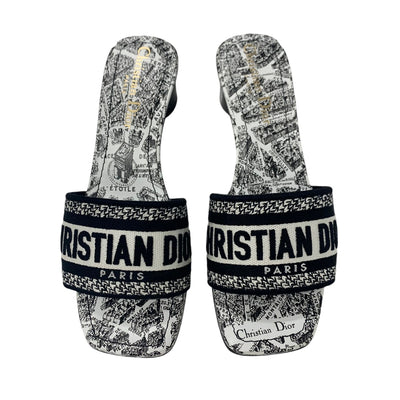 クリスチャンディオール CHRISTIAN DIOR DWAY サンダル 靴 シューズ ファブリック ホワイト ブラック ミュール 刺繍 エンブロイダリー ロゴ