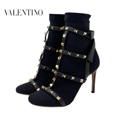 Valentino Boots, Short Boots, Shoes, Fabric, Leather, Black, Gold, Rock Studs, Knit