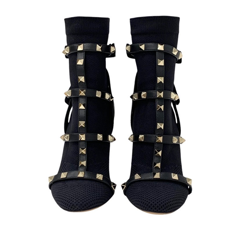 Valentino Boots, Short Boots, Shoes, Fabric, Leather, Black, Gold, Rock Studs, Knit