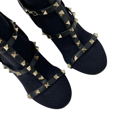 Valentino Boots, Short Boots, Shoes, Fabric, Leather, Black, Gold, Rock Studs, Knit