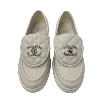 Chanel CHANEL loafers leather shoes shoes leather ivory silver turnlock Coco Mark Matelasse