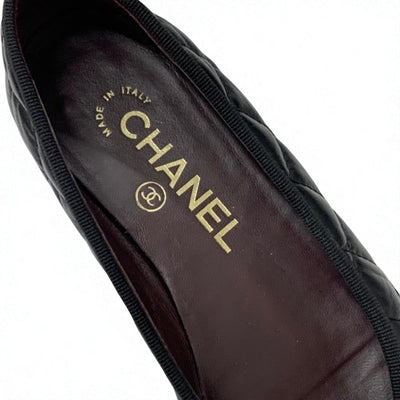 シャネル CHANEL フラットシューズ 靴 シューズ レザー ブラック 黒 バレエシューズ バレリーナ ココマーク リボン マトラッセ