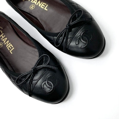 シャネル CHANEL フラットシューズ 靴 シューズ レザー ブラック 黒 バレエシューズ バレリーナ ココマーク リボン マトラッセ