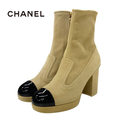 Chanel CHANEL boots, short boots, shoes, suede, beige, black, gold, logo, coco mark, heart charm