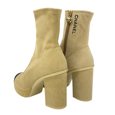 Chanel CHANEL boots, short boots, shoes, suede, beige, black, gold, logo, coco mark, heart charm