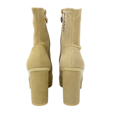 Chanel CHANEL boots, short boots, shoes, suede, beige, black, gold, logo, coco mark, heart charm