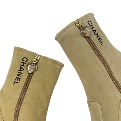 Chanel CHANEL boots, short boots, shoes, suede, beige, black, gold, logo, coco mark, heart charm