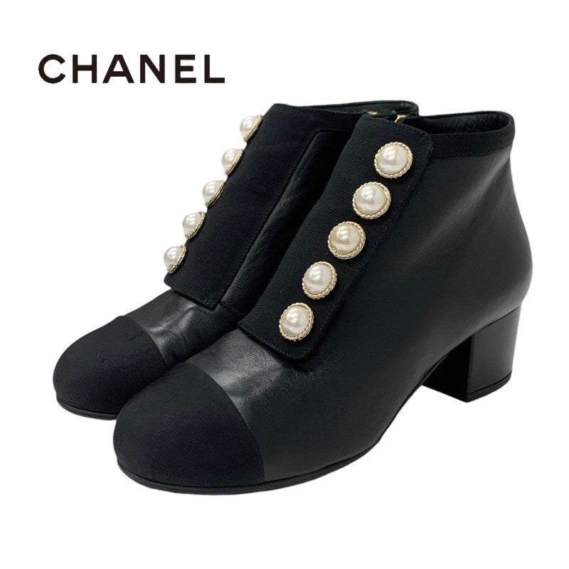 Chanel CHANEL boots, short boots, shoes, leather, fabric, black, coco mark, pearl